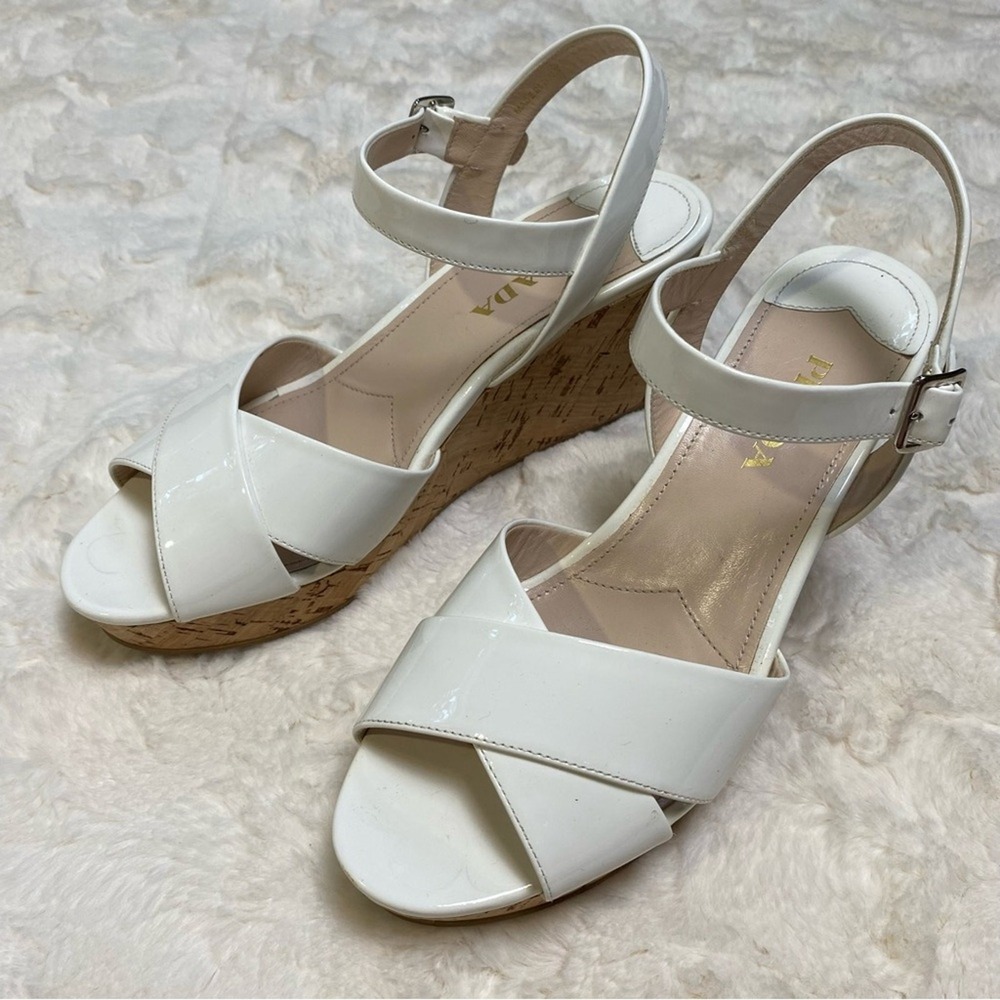 Prada White Patent Leather Criss Cross Ankle Strap Cork Wedge Sandals Size 39 - Picture 2 of 16